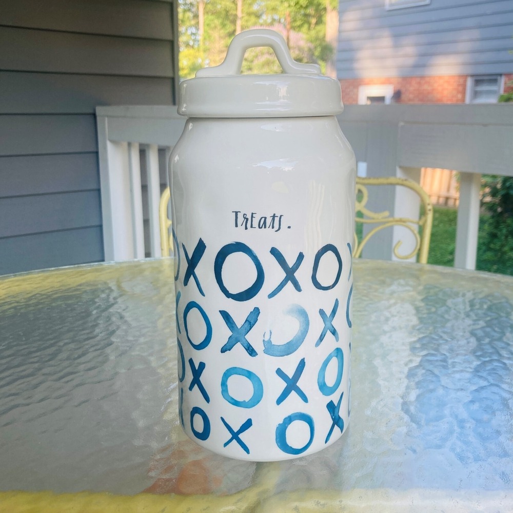 Rae Dunn Artesian Collection Treats XOXO Indigo Blue Boutique Canister Dimpled